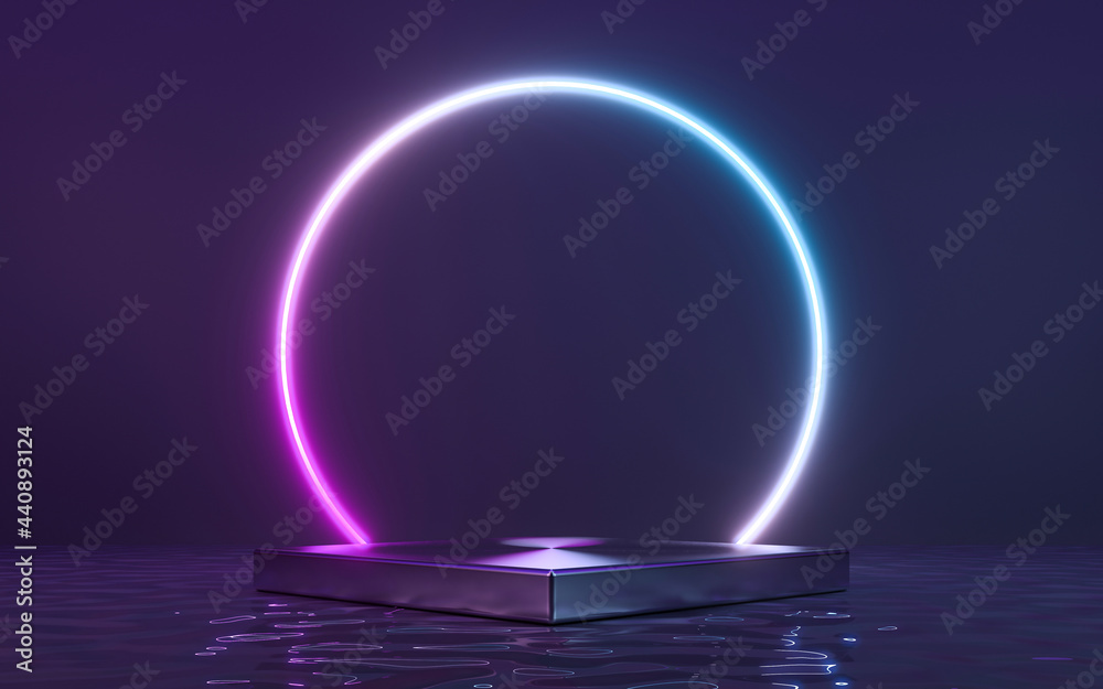 Neon frame sign in the shape with podium and reflection in the water. 3d rendering