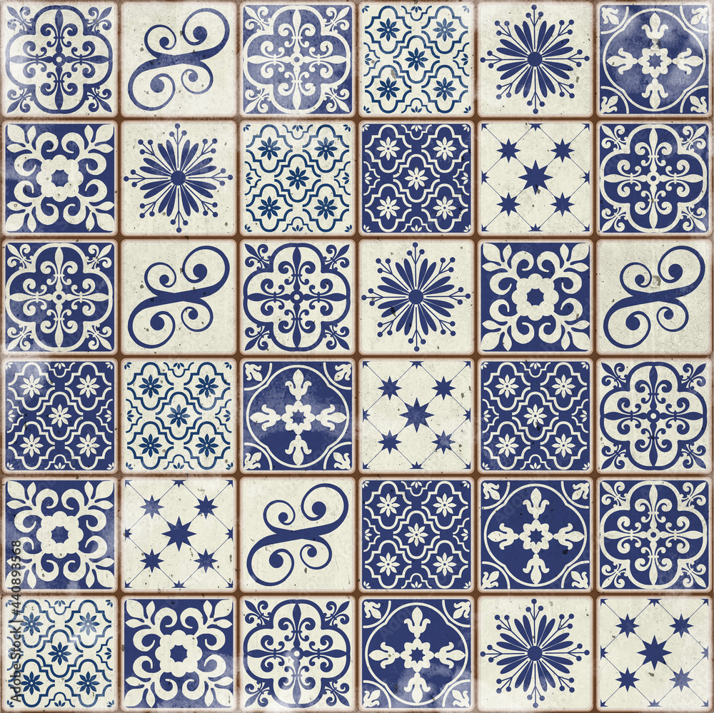 Fototapeta Blue Portuguese tiles pattern grungy background - Azulejos fashion interior design tiles 