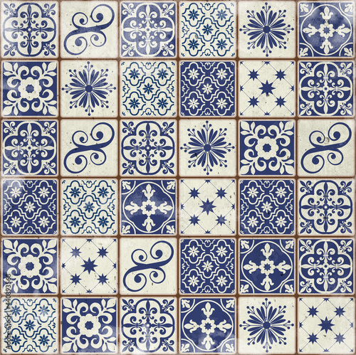 Blue Portuguese tiles pattern grungy background - Azulejos fashion interior design tiles 