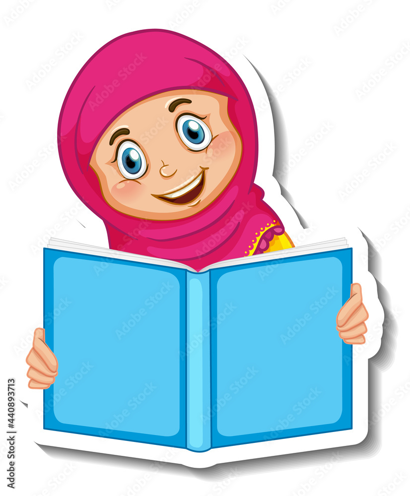 Sticker template with a muslim girl reading book isolated Sticker template with a muslim girl reading book isolated