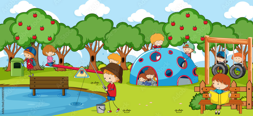 Naklejka premium Outdoor scene with many kids playing in the park