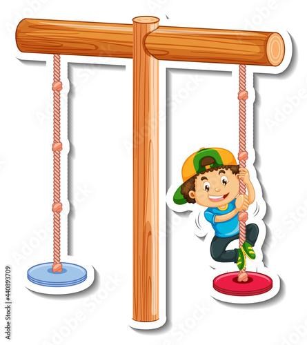 Sticker template with a boy playing swing bar isolated