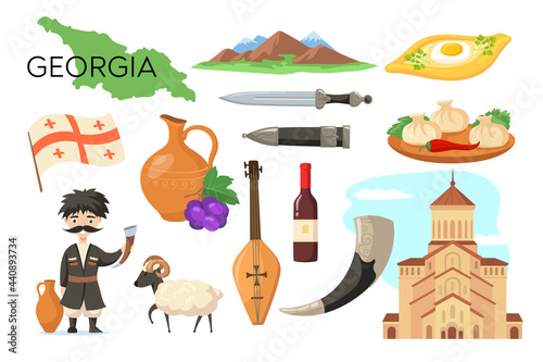 Traditional symbols of Georgia cartoon vector illustration. Tbilisi, mountains, daggers, wine, pottery jar, sheep, map, garlic, cheese-pie. Travel, traditional cuisine, culture concept for design