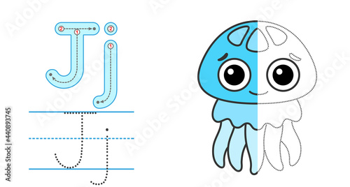 Trace the letter and picture and color it. Educational children tracing game. Coloring alphabet. Letter J and funny Jellyfish