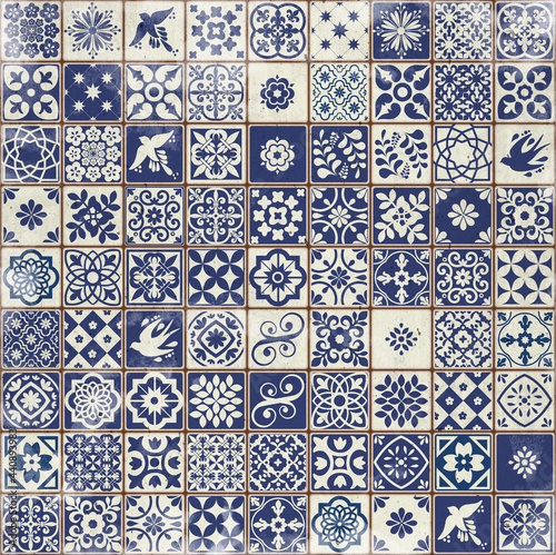 Blue Portuguese tiles pattern grungy background - Azulejos fashion interior design tiles 