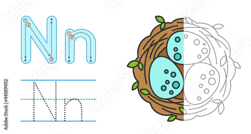 Trace the letter and picture and color it. Educational children tracing game. Coloring alphabet. Letter N and Nest with eggs