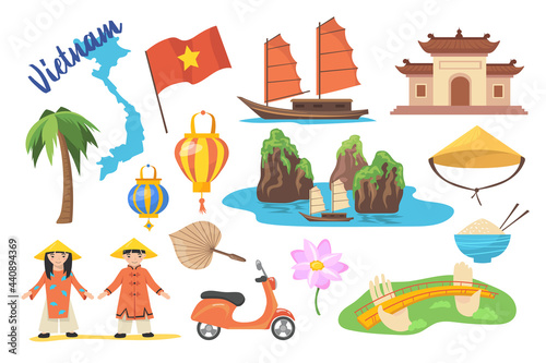 Traditional symbols of Vietnam cartoon vector illustration. Vietnamese flag, lotus flower, hat, paper lanterns, Halong bay, ship, motorcycle, bridge, bowl of rice. Travel, ASEAN, culture concept