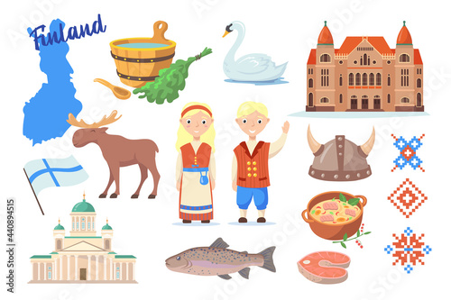 Traditional symbols of Finland cartoon vector illustration. Finnish map, flag, sauna, fish, elk, national theatre, traditional costumes, cuisine, ornaments. Helsinki, travel, country, culture concept