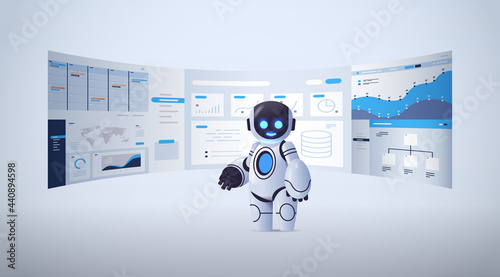 cute robot analyzing statistics financial data on virtual boards artificial intelligence technology concept