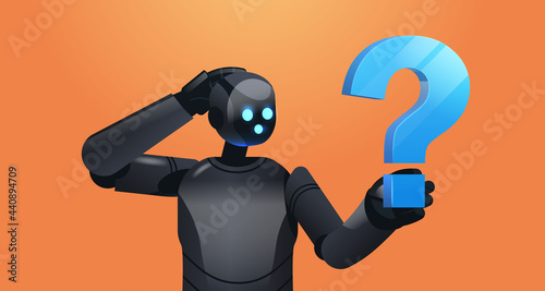 frustrated black robot cyborg holding question mark help support service FAQ problem artificial intelligence