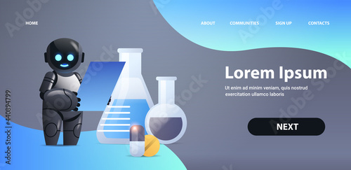 robot chemist with test tubes making chemical experiment in lab microbiology science artificial intelligence technology