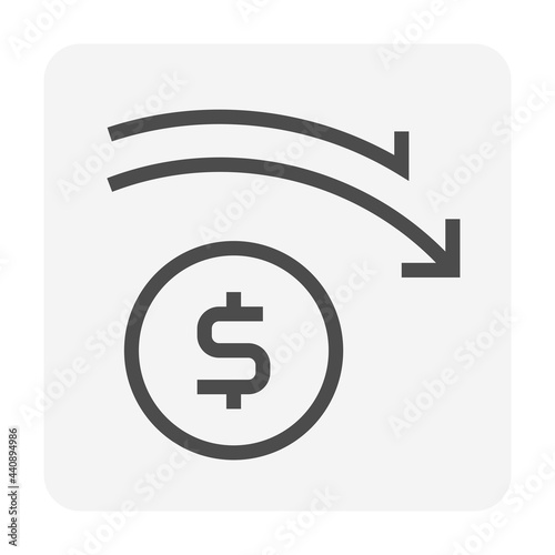 Money coin decrease vector design. That icon, sign or symbol. Consist of round circle coin, dollars currency sign and drop down arrow. Crisis concept for financial, economy, stock or salary. 48x48 px.