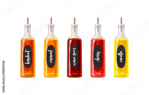 Natural flavored syrup bottles set for coffee drinks and cocktails. Vector illustration cartoon flat icon collection isolated on white background.
