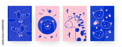 Set of contemporary art posters with cute animals. Bear, giraffe, cat, exotic bird vector illustrations in creative style. Zoo, nature concept for designs, social media, postcards, invitation cards
