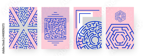 Set of contemporary art posters with maze games. Square, round, hexagon labyrinths vector illustrations in creative style. Game, puzzle concept for designs, social media, postcards, invitation cards