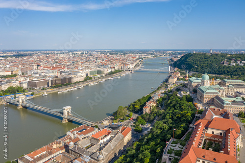 Hungary - Budapest landscape from above with Buda castle, Chain Bridge, Parlament, Danube river, Matthias Church