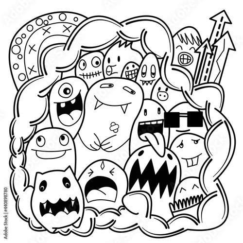 Funny big coloring poster in doodle style. Big coloring page with monster
