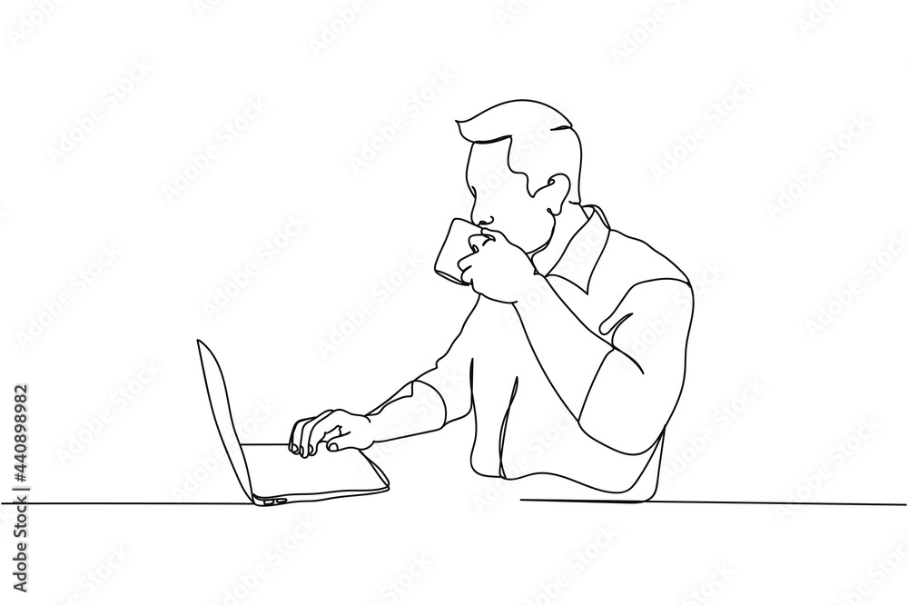 Continuous one line of businessman sitting at table with laptop in silhouette on a white background. Linear stylized.Minimalist. Continuous one line of businessman sitting at table with laptop in silhouette on a white background. Linear stylized.Minimalist.