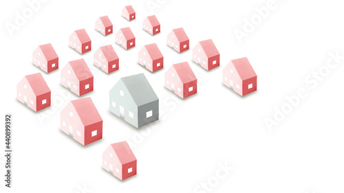 The concept of mortgage and rental housing and real estate. Mortgage credit lending. Multicolored paper mock-ups houses on a white isolated background. Banner format. Copy space.
