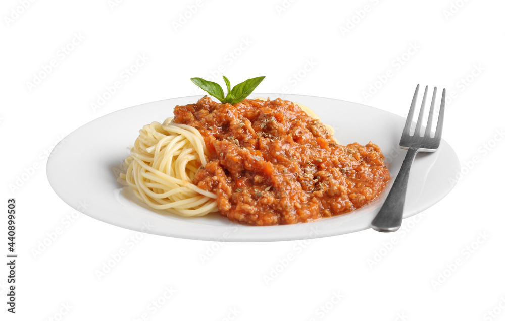 Close up a spaghetti and red sauce in white dish on white background Close up a spaghetti and red sauce in white dish on white background