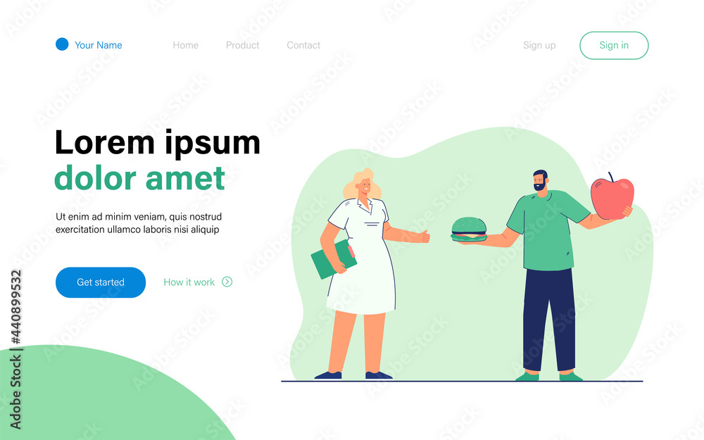 Man choosing between junk and healthy food. Flat vector illustration. Cartoon man holding giant apple and burger while standing next to doctor. Food, diet, health, medicine concept for banner design Man choosing between junk and healthy food. Flat vector illustration. Cartoon man holding giant apple and burger while standing next to doctor. Food, diet, health, medicine concept for banner design