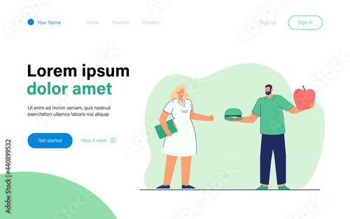 Man choosing between junk and healthy food. Flat vector illustration. Cartoon man holding giant apple and burger while standing next to doctor. Food, diet, health, medicine concept for banner design