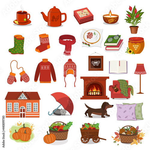Fototapeta Naklejka Na Ścianę i Meble -  Large autumn set with elements of autumn, comfort and warmth, color vector illustration in the cartoon style