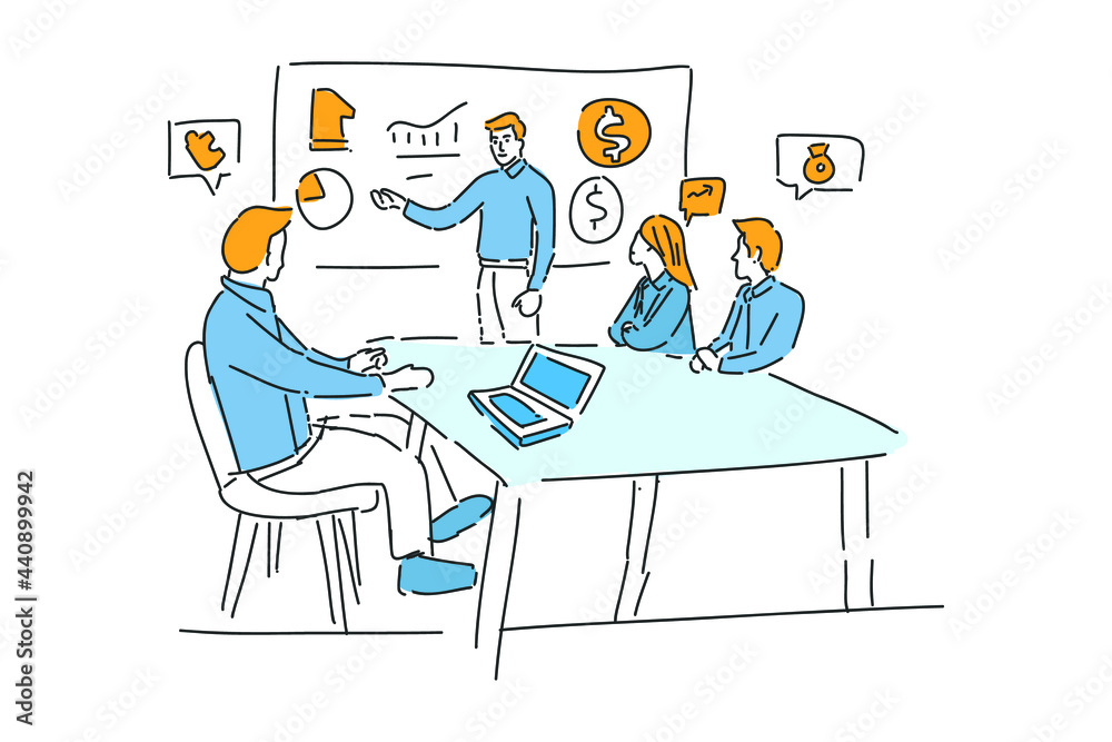 business team meeting for strategy hand drawn illustration