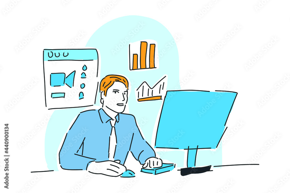 man working online business drawn illustration man working online business drawn illustration