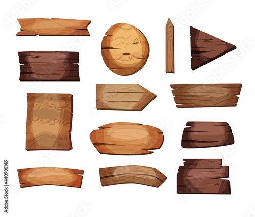 Empty signboards or wood planks of different colors and textures. Set of old, retro banners. Vector illustration.