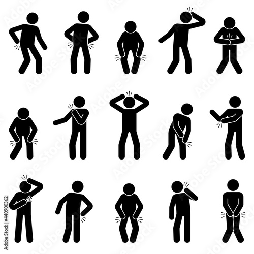 Stick figure man with multiple joint pains, headache, stomachache, knee, shoulder, elbow, heart, hip icon vector set. Stickman having back pain, sore muscles, lower abdomen ache pictogram on white