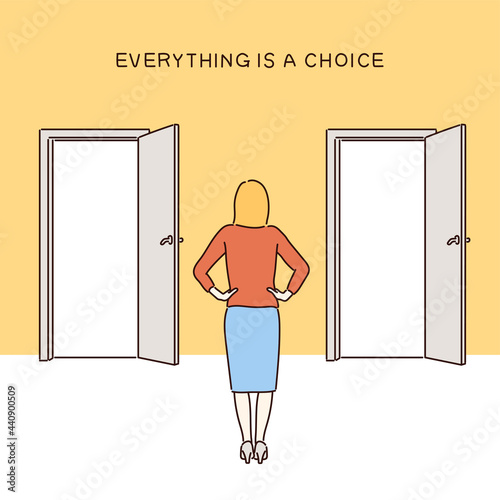 A woman contemplating which door to choose between two open doors. hand drawn style vector design illustrations. 