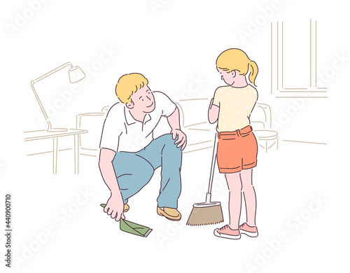 Dad is teaching his daughter to broom. hand drawn style vector design illustrations. 