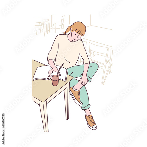 A woman is sitting at a cafe table, drinking coffee and reading a book. hand drawn style vector design illustrations. 