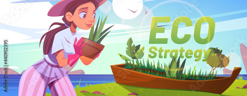 Eco strategy cartoon banner, woman volunteer planting trees in old wooden boat on sea beach. Forest restoration, reforestation, care of plants, save nature, environment protection Vector Illustration