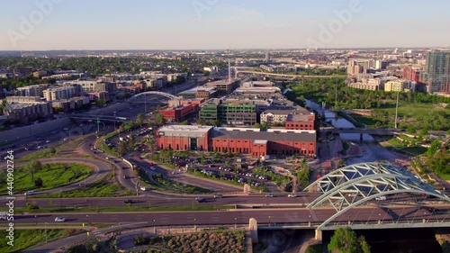 Speer Boulevard Bridge, National Highway And High Rise Buildings At Downtown Denver In Colorado. aerial photo