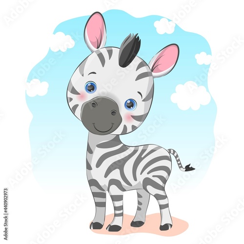 Cute baby zebra standing on a sunny sky background with small clouds. Vector EPS 10 photo