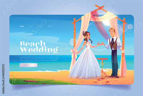Beach wedding cartoon landing page, bride and groom get married under draped arch on seaside. Marriage matrimony ceremony, bamboo archway on ocean sandy shore with flower petals, Vector web banner