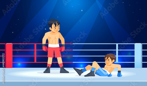 Winner and a loser boxers on the arena. Beaten boxer lying on the floor during a boxing battle, having a knockdown on the ring. Professional Boxing among boys. Cartoon vector illustration