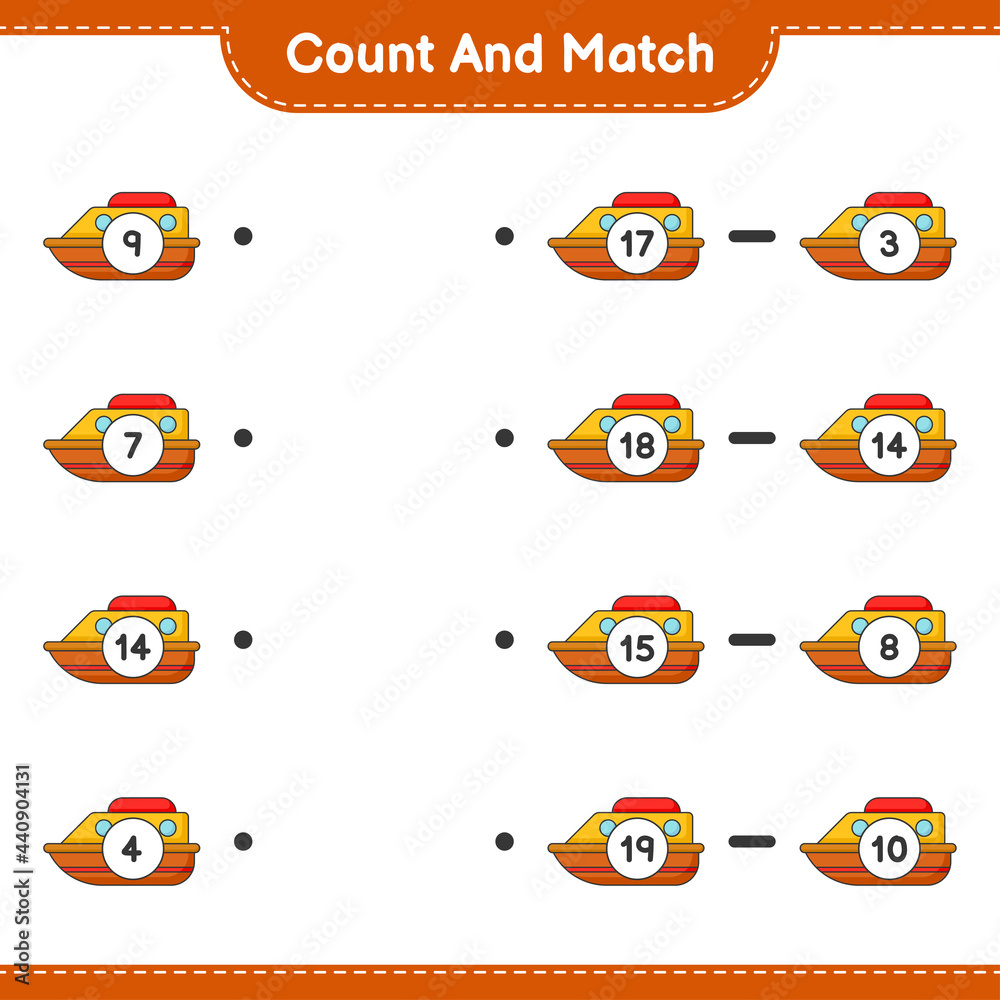 Fototapeta premium Count and match, count the number of Boat and match with the right numbers. Educational children game, printable worksheet, vector illustration