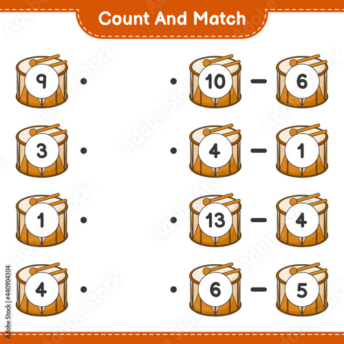 Count and match, count the number of Drum and match with the right numbers. Educational children game, printable worksheet, vector illustration