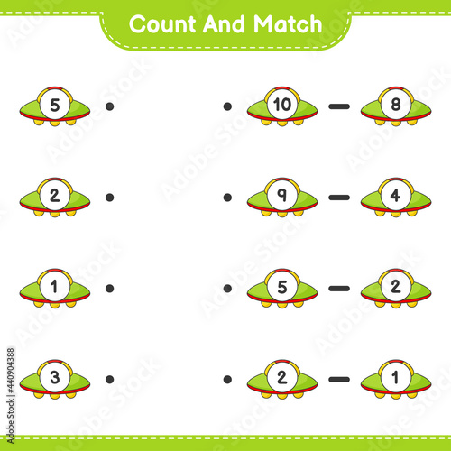 Count and match, count the number of Ufo and match with the right numbers. Educational children game, printable worksheet, vector illustration