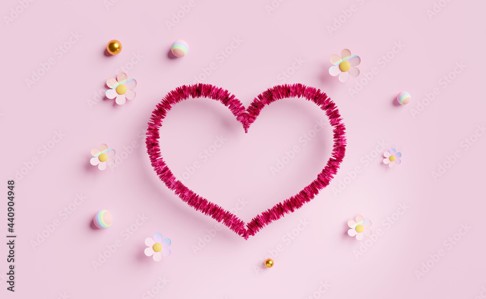 red heart shapes with flower in pink pastel composition ,valentine's day background ,Concept 3d illustration or 3d render