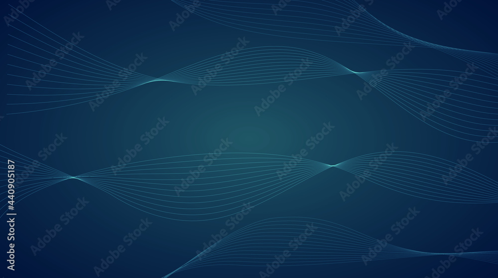 Abstract blue background with lines array of particles flowing over dark background, dynamic, sound wave and 3d vector illustration.