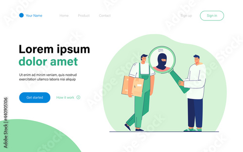 Man suspecting deliveryman in crime. Male character looking at courier suspiciously. Deliveryman holding cardboard box. Suspicion concept for banner, website design or landing web page
