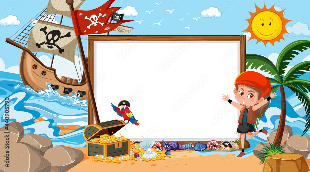Fototapeta premium Empty banner template with kids on vacation at the beach daytime scene