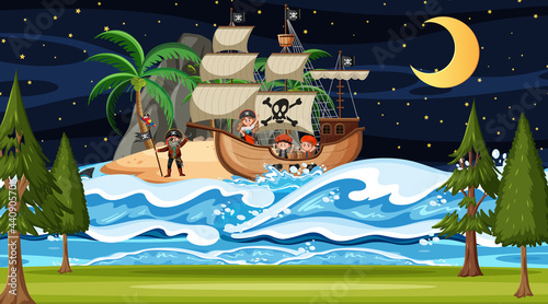Ocean with Pirate ship at night scene in cartoon style