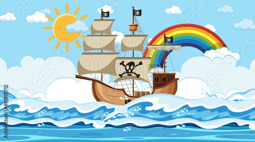 Ocean scene at day time with Pirate ship in cartoon style