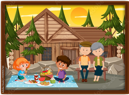 Happy family picnic outdoor scene photo in a frame