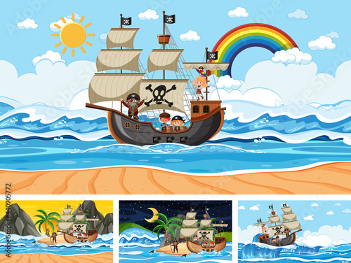 Set of different beach scenes with pirate ship